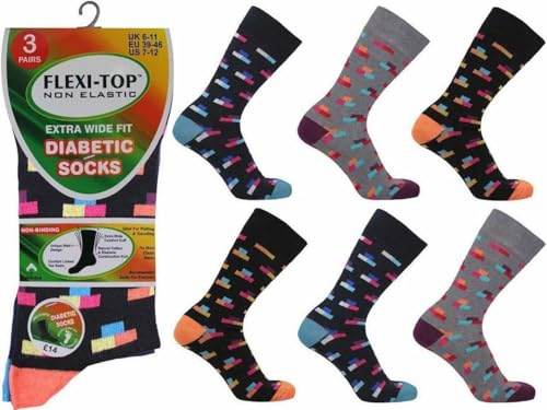 OnlyBee 6 pares de calcetines sueltos para diabéticos sin ataduras para hombre, colores divertidos, Negro con bloques multicolor, ^