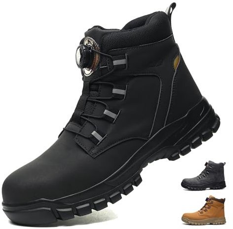 COOU Steel Toe Cap Boots Mens Womens Waterproof Work Boots Anti Slip Lightweight Ankle Support Quick Lace Safety Boot Black 8UK