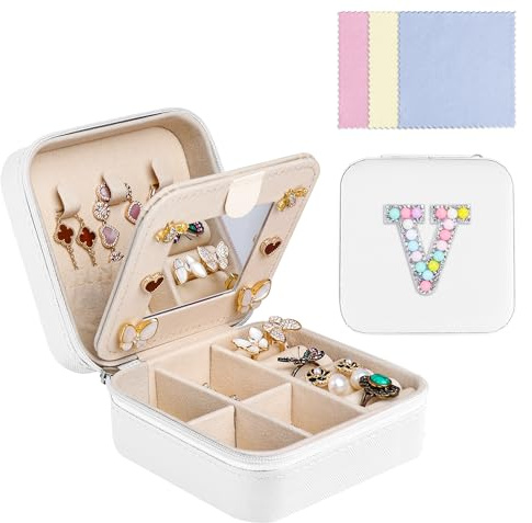 Ghope Schmuckkästchen Reise mit Spiegel, Klein Schmuck-Reiseetui mit initiale Schmuckkasten tragbar Schmuckschatulle Schmuckkoffer Schmucketui Jewelry Box für Damen Mädchen Geschenk