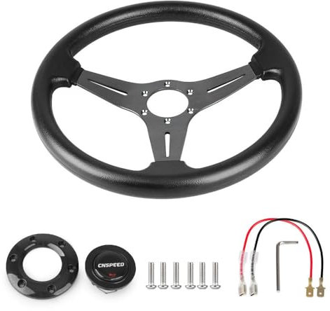 Volants Sport Volant de course universel en cuir, 350mm, 14 pouces, en alliage d'aluminium, volant de Sport automobile à la dérive, plat profond, Style maïs Volant Universel(Black)