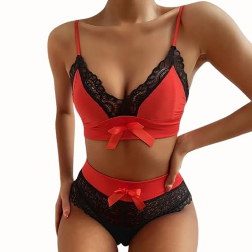 ROSVAJFY Ensemble sous-Vêtements Femme Dentelle 2 Pièces Soutien-Gorge à Bretelles + Culotte Taille Haute Transparente Nœud Lingerie Sexy Col en V Nuisette Stretch Coquine (Rouge, M)