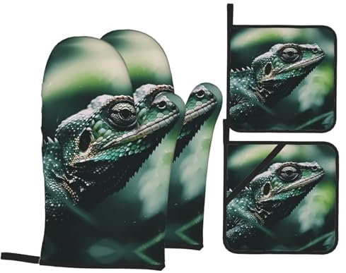 WZYWHJ Set di 4 guanti da forno e presine, guanti da forno, presine e guanti da forno per cucina, cottura al forno, grigliate, salamandra stampata