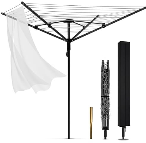 JIANFA Rotary Washing Line, 4 Arm 50M Folding Clothes Airer Outdoor with Ground Spike & Cover | Heavy Duty | Adjustable Height Clothes Drying Rack for Laundry Outdoor Garden