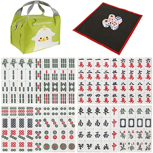 Foppla Lot de 144 Mini Carreaux de Mahjong avec Tapis, Jeu Traditionnel Chinois Léger et Portable pour la Famille, les Loisirs et les Voyages