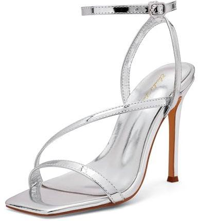 Zhabtuc Sandales pour femmes à talon haut, design carré élégant, bout ouvert et bride de cheville, talon de 10 cm, parfaites pour les soirées et le quotidien, Argent, 40 EU
