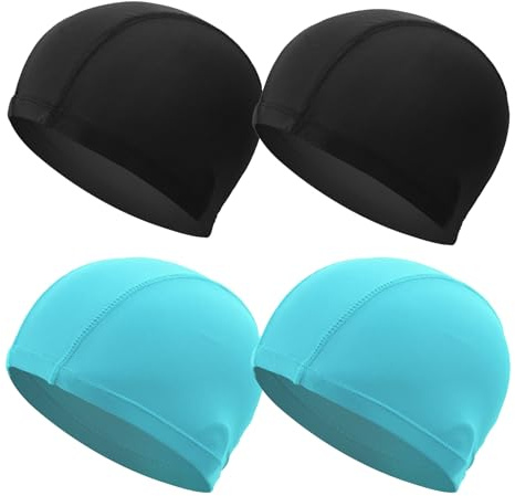ATSNOSH 4 Pièces Bonnets de Bain pour Homme et Femme, Bonnets de Bain Élastique, Adulte Bonnet de Natation en Nylon, Leger et Confortable, Taille Unique (Noir + Bleu)