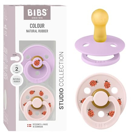BIBS Colour Studio Soother 2-Pack, BPA Free Dummy Pacifier, Round Nipple. Natural Rubber Latex, Made in Denmark, Size 2 (6-18 Months), Violet Sky/Petal