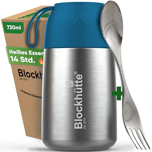Blockhütte Hot Food Flask with Spork 730ml Stainless Steel | Thermal Lunch Box for Adults | BPA Free Soup Flask for 14h Hot Meals Dishwasher Safe | for Porridge and Meal Prep – Blue