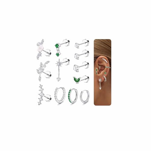 Adramata 12Pcs 16G Piercing Orecchio Acciaio Chirurgico Set Orecchio Donna Orecchini Cerchio Piccoli Argento Oro Orecchini a Bottone Conch Piercing Cartilagine Orecchini Piercing Trago Helix Piercing
