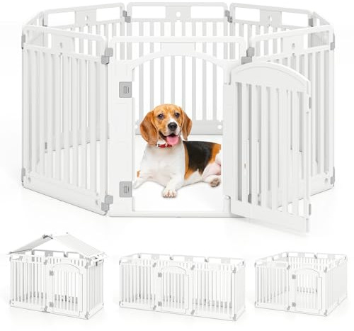 COSTWAY 8-Panel Dog Playpen, 80cm Foldable Plastic Pet Exercise Fence with Secure Locking Door, Indoor Outdoor Portable Dogs Pen for Puppies, Cats, Rabbits, Medium & Small Animals, White
