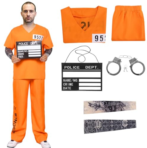 Moerstar Costume da Carcerato Uomo, Vestito Carcerato Set con Carcerata Accessori Costumi Halloween Prigioniero Cosplay Prisoner Costume per Halloween Carnivale Uomo Donna