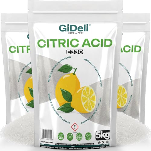 GiDeli Ácido Cítrico 3 x 5kg E330 Grado Alimentario - Polvo Blanco Puro Para Repostería y Conservas - Descalcificador Natural de Gran Formato Para Lavavajillas, Lavadora y Limpieza - Regulador de pH