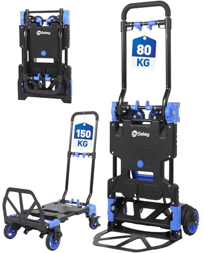 Sekey Sackkarre Klappbar & Klappbarer Transportwagen 2-in-1, Aluminium Plattformwagen belastbar bis 150 kg, Transportkarre mit TPR-Doppellagerräder, Bremse & Ergonomischem Griff, Blau-Schwarz