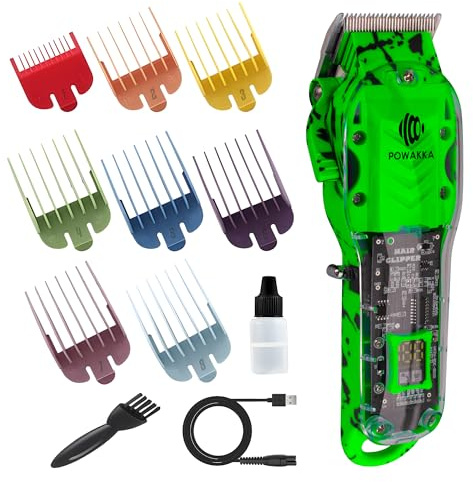Tagliacapelli Senza Fili LED VERDE – Motore Potente e Lame in Acciaio Inossidabile – Regolacapelli per Uomo, Barba e Capelli con 8 Pettini Guida e Batteria a Lunga Durata