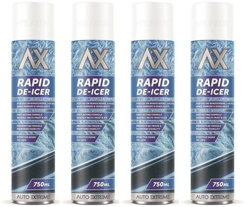 HitlineUK 4 x 750ml Deicer Spray for Windows Fridge Freezer, De-icer Deicer Fast Acting Melts Ice and Frost Quickly for Windows/Mirrors, Operates -15°c and Prevents Re-freezing Deicer