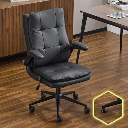 Bonnlo Comfy Leather Office Desk Chair,Ergonomic High-Back Executive Computer Gaming Chair with Replaceable Wheels, Adjustable Height & Flip-up Armrests,360 Swivel Task Chair for Home Office, Black