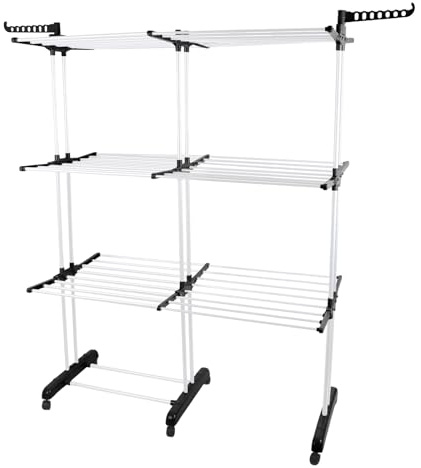 HUOLE Séchoir à Linge, Gain de Place pour Balcon, Étendoir à Linge Pliable, Tour de Séchage, Étendoir Vertical 3/4 Niveaux, 49 x (75-132) x 170 cm (Noir + Tube Blanc)