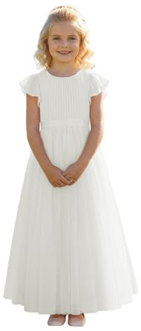 Round Neck Flower Girl Dresses for Wedding Ruched White Girls Pageant Dresses Tulle Flutter Sleeves Girls First Communion Dress Size 7