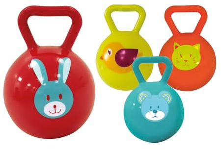 LUDI Juego de 2 bolas de sonajero para bebé, juguetes sensoriales suaves con sonajero, superficie texturizada y animales, promueve la motricidad y la dentición, a partir de 3 meses