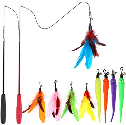 MeoHui Cat Toys for Indoor Cats, Interactive Cat Toy 2PCS Retractable Wand Toy and 9PCS Cat Feather Toys Refills, Funny Kitten Toys Cat Fishing Pole Toy for Bored Indoor Cats Chase and Exercise