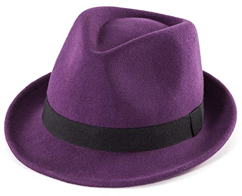 Purple Trilby Fedora Hat for Men 1920s Short Brim Wool Felt Panama Cap 7 1/4