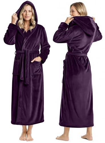 NY Threads Premium Womens Robe with Hood, Plush Fleece Long Bath Robe for Women, Fluffy Soft Women's Bathrobe, Large, Plum