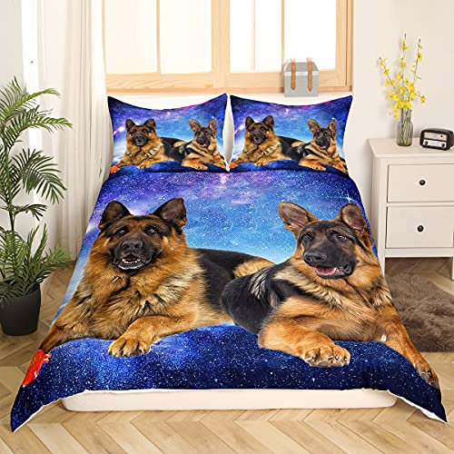 Tbrand Hund Galaxie Bettbezug Set 3D Deutscher Schäferhund Hundedruck Bettwäsche Set 135x200cm Chic Blau Lila Sternenhimmel Betten Set Für Jungen Mädchen Nettes Haustier Welpe Tiermuster Weich