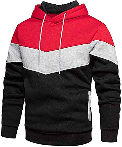 comefohome Hoodie Herren Pullover Langarm Sweatjacke Kapuzenpullover Farbblock Sweatshirt Red Large