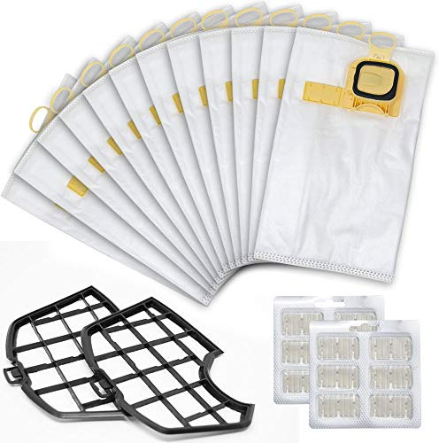 BAKAJI Kit 12 Sacchetti Ricambi per Aspirapolvere Folletto Compatibili, Sacchi per Scopa Elettrica, Sacchetti Intercambiabili di altissima qualità (VK140 - VK150, Bianco + 12 Profumini + 2 filtri)