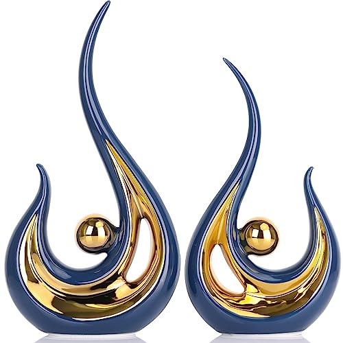 XMGZQ Azul Oro Estatua de Cerámica,Modernos Escultura de Arte Abstracta,Objetos Decoraciones,Centros Decorativos de Mesa,Figura Decorativa,Juego de 2,Deco para Oficina,Mesa