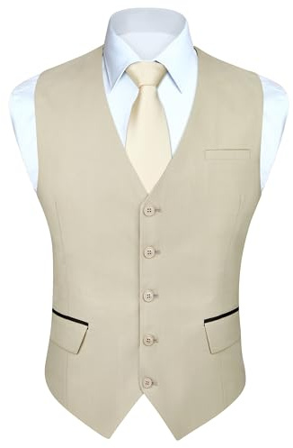 HISDERN Gilet Uomo Champagne Elegante Gilet da Abito Formale Matrimonio Panciotto Classico per Business con Tasche L