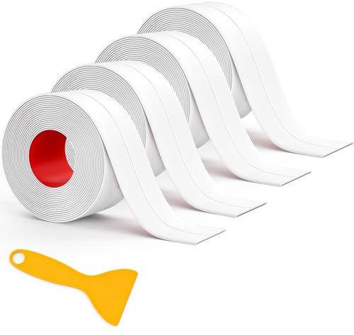 Fixmend Bath Sealant Strip Self Adhesive, 4 Rolls Caulk Strip, Bathroom Sealant Tape White Waterproof, Bath Seal for Toilet, Bathtub, Shower, Sink, Wall Corner, Kitchen with Sealing Tool