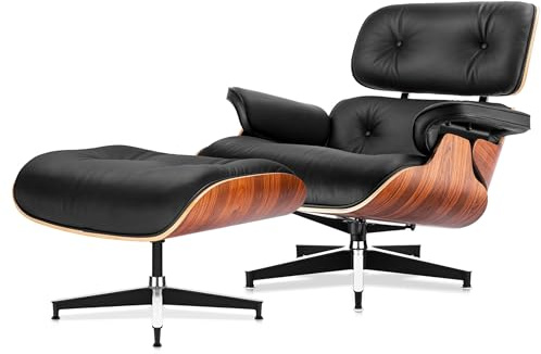 EWEESS Top Black Grain Leather, Mid Century Chaise Lounge Chair and Ottoman, Modern Chair Classic Design, Palisander Wood, Heavy Duty Base Support for Living Room Office