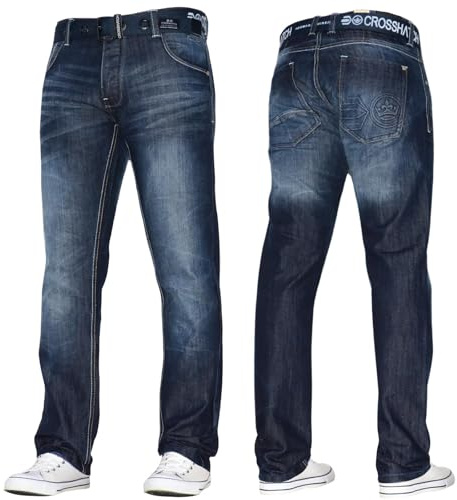 Crosshatch Mens Stretch Straight Leg Jeans Trousers Free Belt Stylish Fashion Branded Denim By JEANBASE Darkwash 36W X 34L