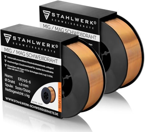 Fil à souder STAHLWERK MIG/MAG Ø 1,0 mm acier SG2 ER70S-6 sur rouleau D100 de 1 kg avec mandrin de 16 mm jeu de 2 à usage universel