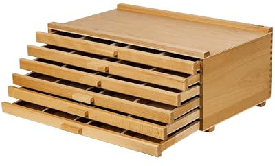 DJAR Scatola portaoggetti portatile in legno di faggio con 6 cassetti, con divisori rimovibili per pennelli, pastelli, pennarelli e altri strumenti artistici, naturale