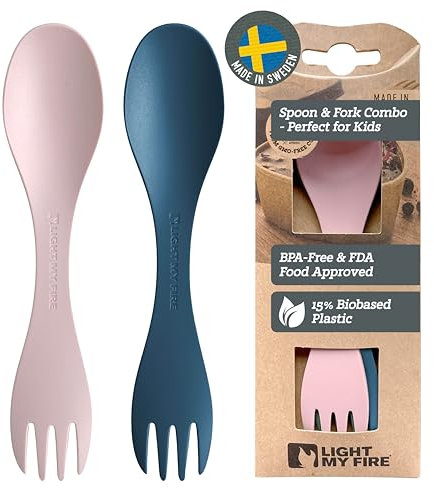 Light My Fire Spork Original - Fourchette Cuillère de Camping pour Enfants - Couvert de Camping 2-en-1 - Fourchette-Cuillère Réutilisable (2pack Little HazyBlue/DustyPink)