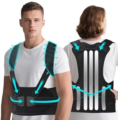 MAYMOCON Large Posture Corrector Back Brace for Men and Women - Back Straightener with Adjustable Shoulder & Lumbar Straps, Breathable Back Support with 3 Detachable Support Bars（XL）