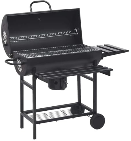 Générique Gril à Baril avec Roues et étagères Noir Acier 115x85x95 cm,Barbecues,17.8KG-313636