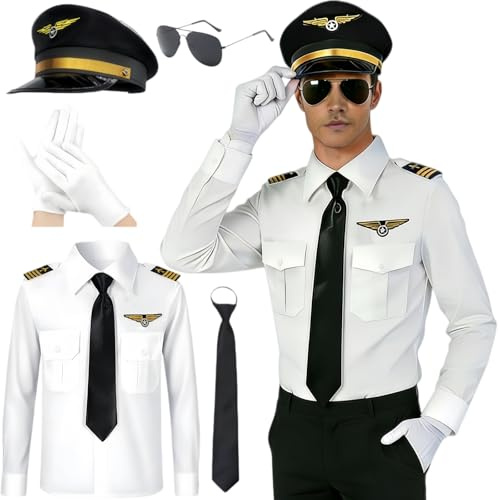Boyigog Costume da pilota per adulti, uniforme da capitano e camicia per travestimenti, accessori con cappello, occhiali da sole, cravatta e guanti, per Halloween, carnevale, cosplay, capitano e feste