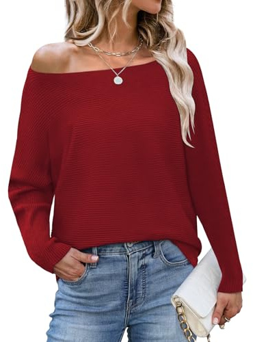 Elesomo Women's Jumpers Batwing Sleeve Casual Knitted Boat Neck Off Shoulder Pullovers Sweater Christmas Tops, Red S-M