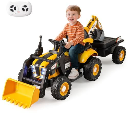 COSTWAY Elektrisk traktor med släp och spade, 12 V sitttraktor med fjärrkontroll, grävmaskin med LED-lampor och musik, elektrisk barngrävmaskin, eltraktor för barn från 3 år (gul)