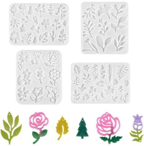 Craftora 4 st blommor hartsformar blad silikonformar julgranar epoxi harts gjutformar för gör-det-själv hantverk hängen smyckestillverkning