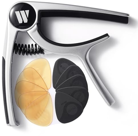 WINGO Guitar Capo for Acoustic and Electric Guitars, Ukulele, Mandolin, Banjo - Silver with 10 Non-slip Picks.
