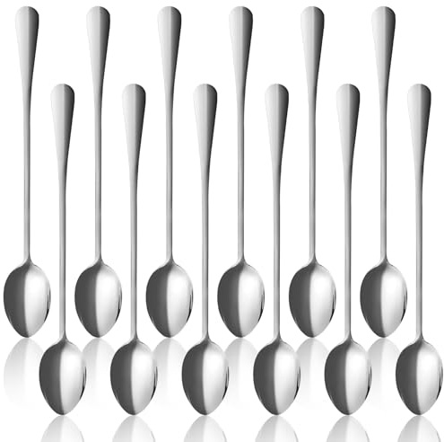 QGGTQG Set di cucchiai per latte macchiato, 12 pezzi, in acciaio inox, con manico lungo, cucchiaino da tè, cucchiaini da caffè lucidati, lunghi cucchiai da dessert per caffè, frappè, cocktail e