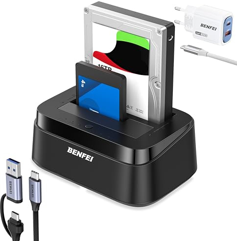 BENFEI Hårddiskstation med UASP Offline Clone-funktion, USB-C dubbelbäddningsdocka för 2,5/3,5 HDD SSD, upp till 5 Gbps | Verktygsfri installation