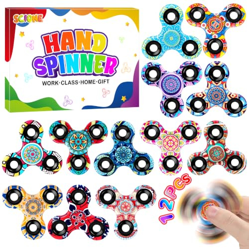 SCIONE [12 Pack] Exotic Mandala Fidget Spinners (6.3 cm), High-Speed Fidget Toys with Ethnic Patterns, Bulk Classroom Prizes & Party Bag Fillers, Sensory Stress Relief Gadgets for Kids