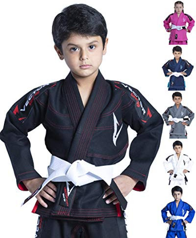 Vector Kids Brazilian Jiu Jitsu (BJJ) Gi mit gratis weißem Gürtel, 100% Baumwolle, Pearl-Weave-gewebter Kimono, Ultra leicht, vorgeschrumpft, Schwarz, K2