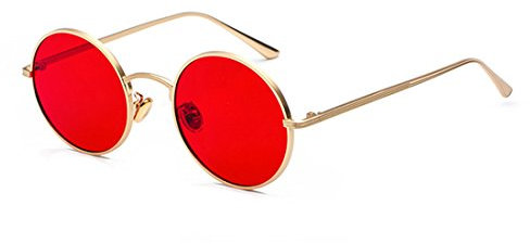 Inlefen Round Metal Frame Glasses Vintage Circle Sunglasses for Men and Women (Gold red)