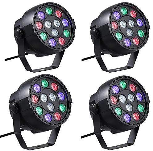 Lixada AC 90-240V 12 Luces LED Par Mezcla de color Luz de Escenario con Modo de activación por sonido y estroboscopio DMX para Interiores KTV Pub Bar Escuela de Bodas Show Xmas Club (4pcs)